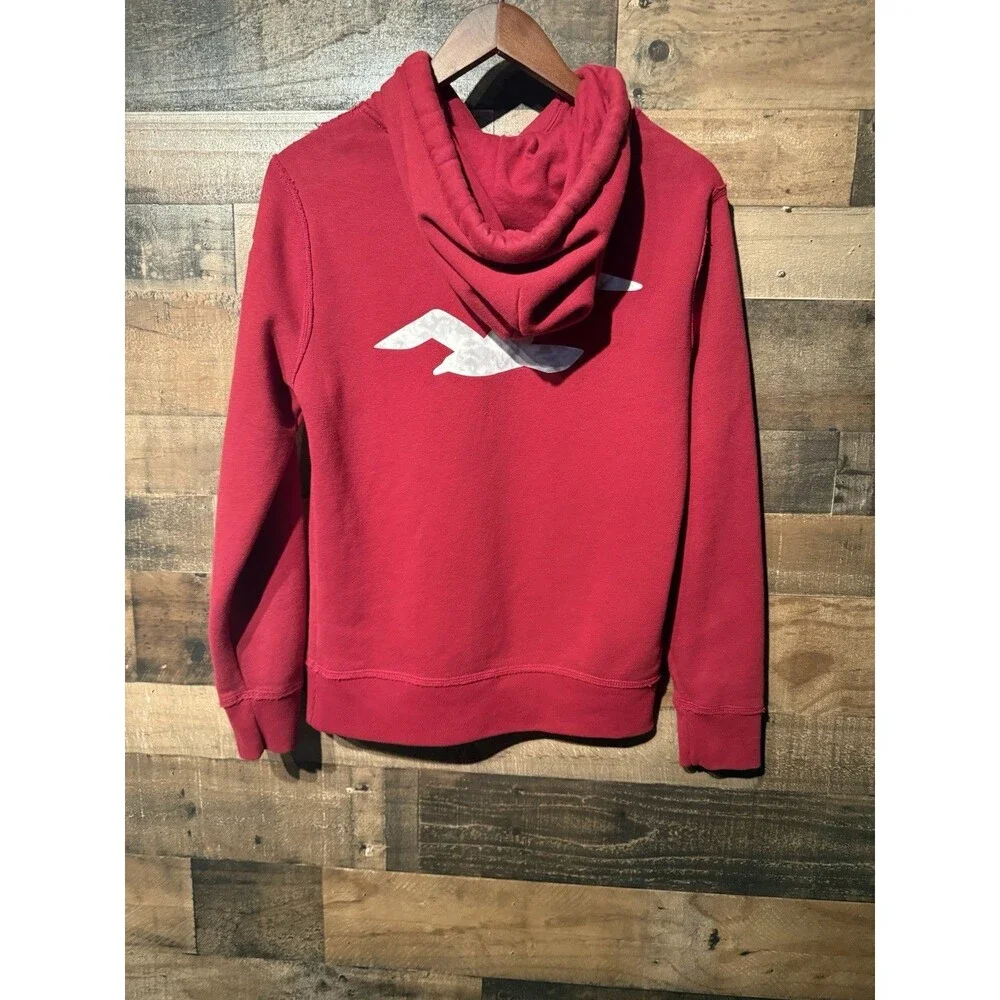 🔥Y2K Hollister Hoodie Mens XS Red Fleece Pullover Spellout Logo Sweatshirt A&F